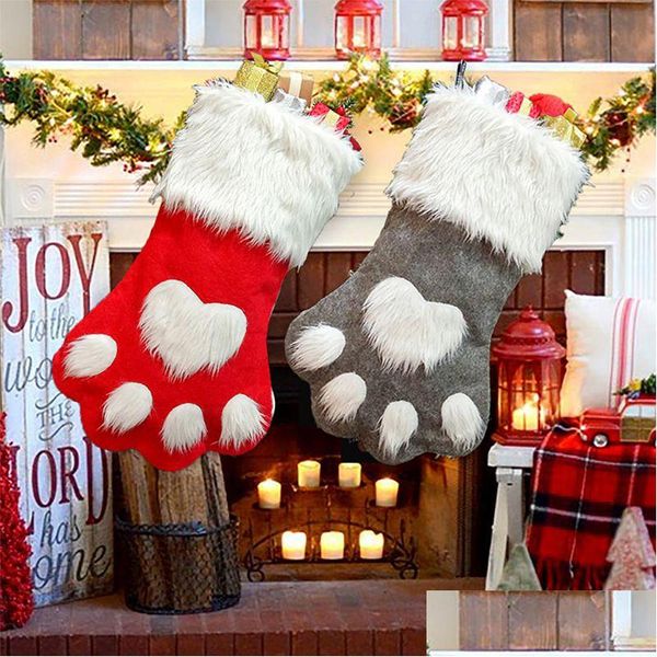 Noel Süslemeleri Dekorasyon Köpek Pençe Çorap Hediye Çantası Kırmızı Gri Çorap Dokuma Şeker Ağacı Süsleme Noel VT0754 Bırak Teslimat Hom DHJ2P
