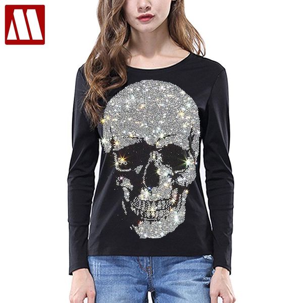 Camisetas tamanho 5xl senhoras crânio brilhante strass t camisas femininas manga longa moda streetwear o pescoço algodão tshirts calaveras