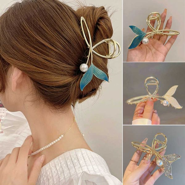 Baumeln Kronleuchter Perle Fischschwanz Form Haar Klaue Blau Elegante Hohle Pferdeschwanz Clip Geometrische Vintage Shark Clip Frau Haar Clip haar zubehör Z0608