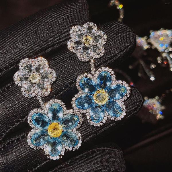 Ohrstecker, meerblauer Diamant, doppelte Blume, exquisites, leichtes, luxuriöses, kreatives Burst-Gelb-Party-Geschenk