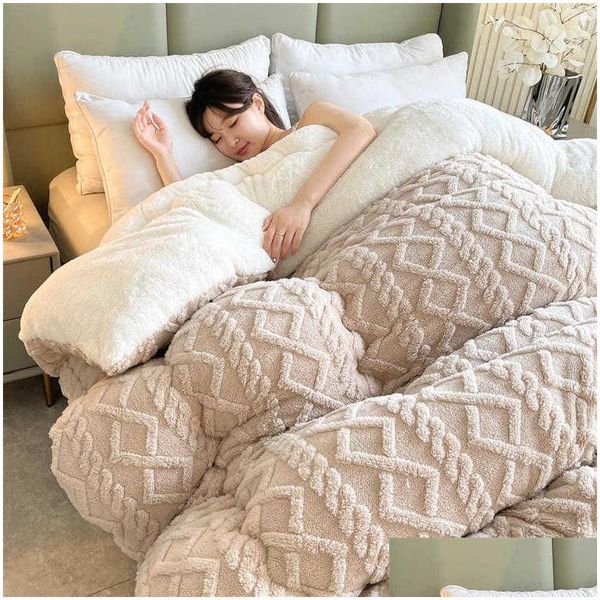 Bettdecken-Sets, superdicke Winter-warme Decke für Bett, künstliche Lammkaschmir-gewichtete Decken, weiche, bequeme Wärmedecke, C Dh02R