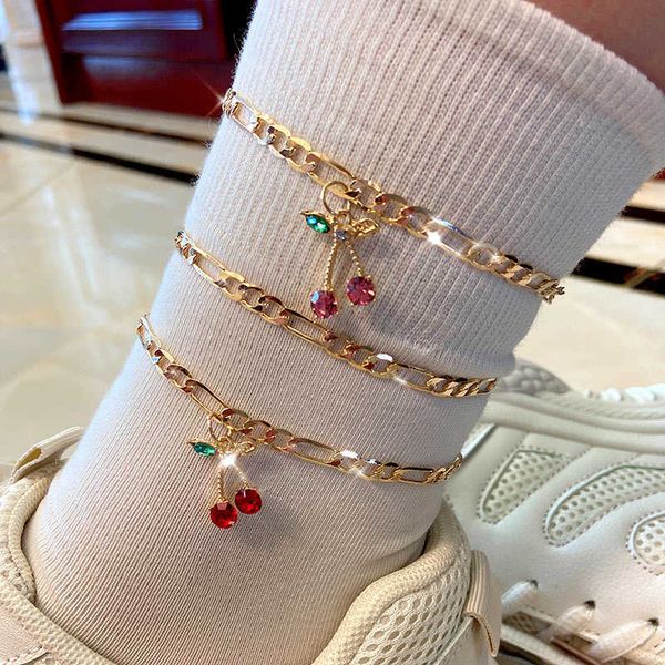 Неклеты 2PCSSET FADE CRISTAL Cherry Anklet для женщин золотой цвет сладкие фруктовые фрукты Брустные аксессуары подарок 230608