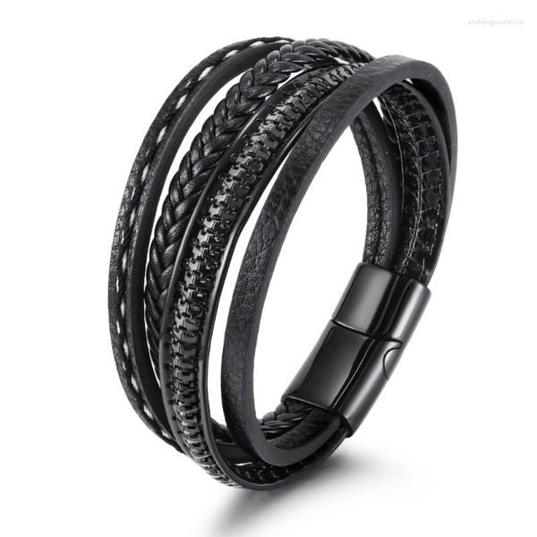 Charm Armbänder Punk Schwarz Braun Mehrschichtiges Lederarmband Männer 2023 Schmuck Geschenk Geflochtener Magnet Brazalete Hombre 19/21/23 cm