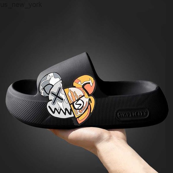 Fashion Summer New Cute Cartoon Sticker Thick Sole Women Slippers Banheiro Beach Indoor Sandals Couple Slides Soft Women Shoes L230518