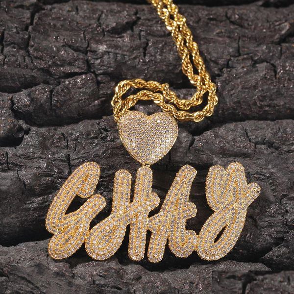 Anhänger-Halsketten, personalisierte Hip-Hop-Az-Namenskette mit Herz, 18 Karat Gold/Sier vergoldet, simulierte Diamanten, perfektes Geschenk für Sie/Ihn, Drop Dh6Ic