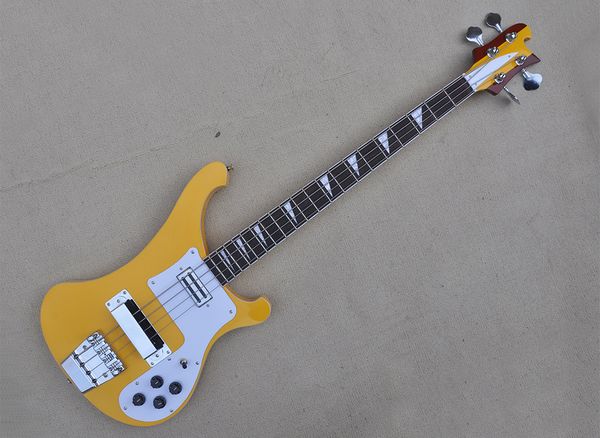 Baixo elétrico amarelo de 4 cordas com pickguard branco escala de jacarandá pode ser personalizado