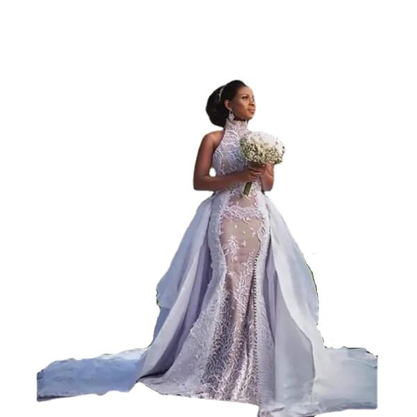 Plus Szie afrikanische Brautkleider mit abnehmbarer Schleppe, bescheidener, hochgeschlossener, bauschiger Rock, Sima Brew Country Garden Royal Wedding Gown