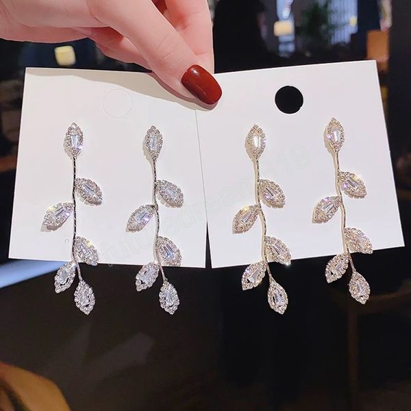 Squisiti orecchini a forma di foglia di cristallo per le donne Orecchini pendenti con foglie di colore argento oro Regalo di gioielli da sposa da donna