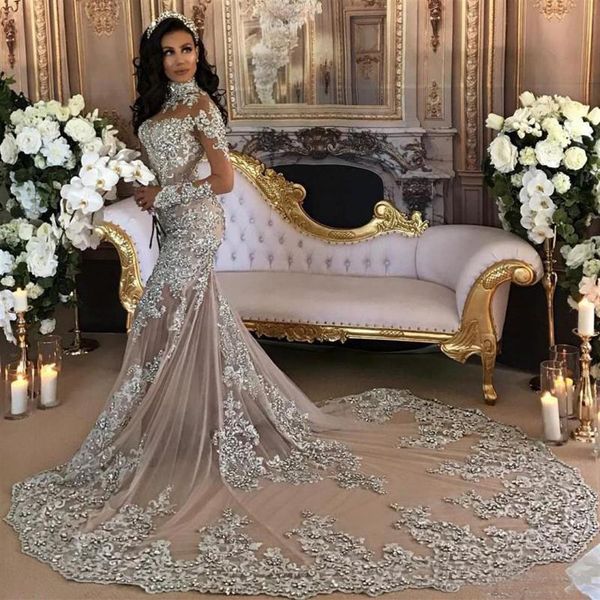 Brilho brilhante 2019 vestido de noiva luxo frisado aplique de renda gola alta ilusão manga longa prata sereia capela vestidos de noiva263f