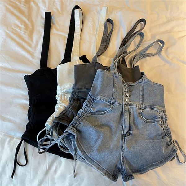 Kadın Şort Kısa Denim Genel Delik Tulum Yüksek Bel Kot Playsuit Yıkanmış Salopette Kayışları Yaz Romper 230608