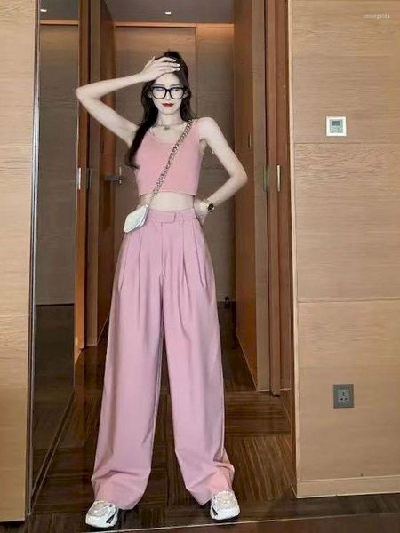 Calça feminina de duas peças Vitality Suit Feminino Menina Vestido de verão 2023 Doce e picante Desgaste estilo Hong Kong Cintura alta drapeado Perna larga