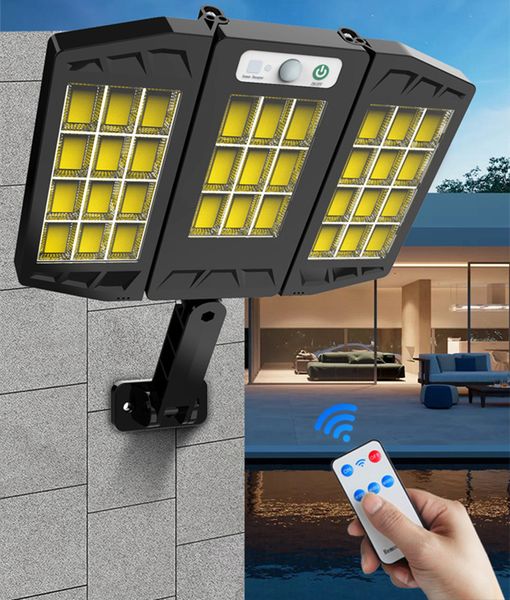 Luci solari a LED per esterni con sensore di movimento, lampione stradale a 3 teste, luci di sicurezza IP65 impermeabili, 1000 lumen, faretto per garage con proiettore grandangolare a 270 °