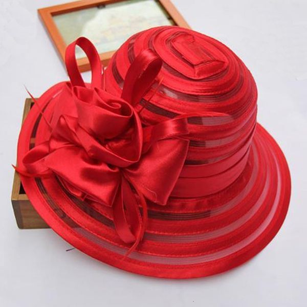 Chapéus de Aba Larga Balde Moda Feminina Verão Organza Sol Com Flor Grande Chapéu Fedora Elegante Senhora Casamento Festa na Igreja 230608