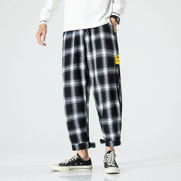 Calças masculinas joggers leggings calças xadrez homem preto confortável calça casual streetwear solto calças japonesas na moda poliéster