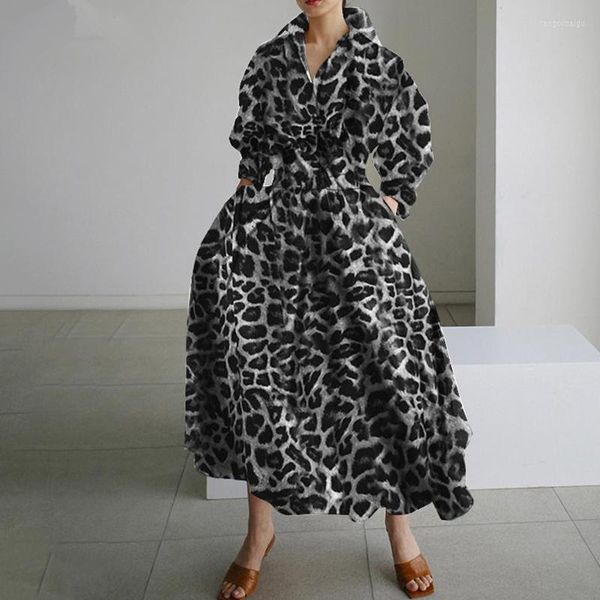 Abiti casual Elegante Donna Leopard Maxi 2023 Autunno Camicia a maniche lunghe Abito stile preppy Abito da donna in lino di cotone Longue