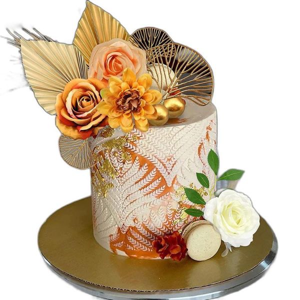 Decorative Flowers Rose Artificial Flower Metal Ball Golden Palm Leaf Paper Fan Birthday Party Cake Decoration Wedding Festival Gift Decor