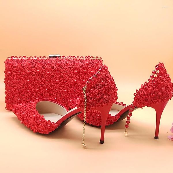 Sapatos sociais renda vermelha flor casamento e bolsa conjunto salto alto bico fino tira no tornozelo sapato feminino festa com bolsas combinando bombas
