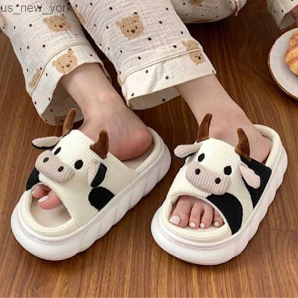 2023 Leinen Kühe Damen Hausschuhe Indoor Hause Sandalen Hausschuhe für Frauen Niedliche Cartoon Milchkuh Haus Frauen Hausschuhe Lustige Schuhe L230518