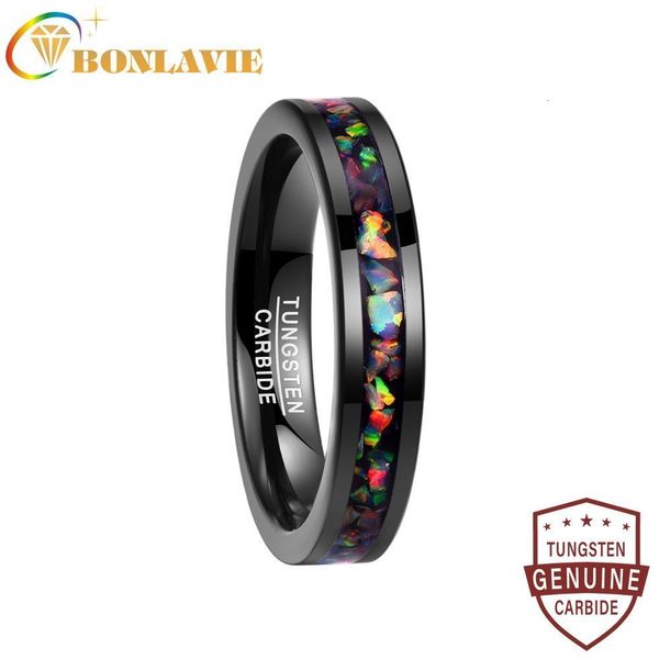 Anel Solitário BONLAVIE 4MM Largura Incrustado Opala Preto Alianças de Casamento Anel de Carboneto de Tungstênio Homens T091R Tamanho 5-12 230607