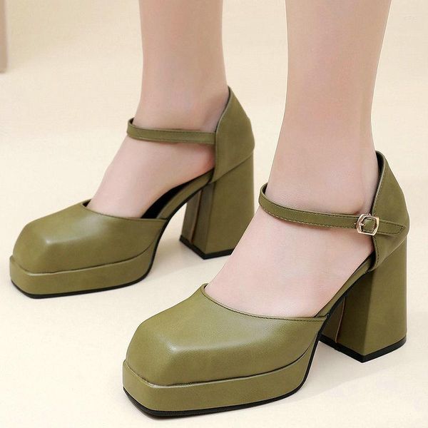 Sandali Scarpe estive color verde militare verde oliva per donna Décolleté quadrati con punta chiusa Big Size 45 46 47 Piattaforma con tacco alto grosso Lady