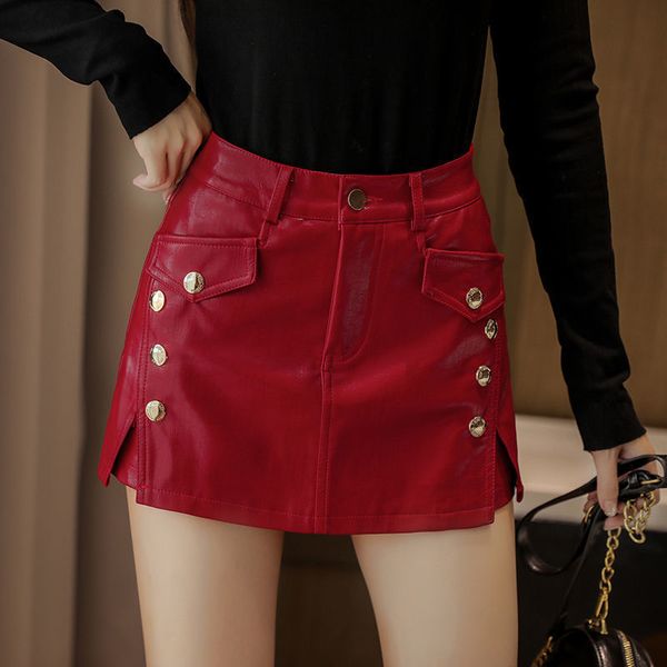 Shorts Feminino 2023 Moda Saias de Couro Curto Cintura Alta Perna Larga Red Black Streetwear Sexy Biker bootie shorts grunge 230608