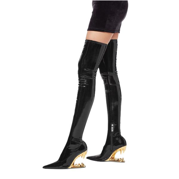 2023 neue Tiger Zähne Geformte Ferse Frauen schuhe Spitz High Heel Lack Leder Sexy Mode Wrap Bein Elastische Stiefel Über knie Stiefel