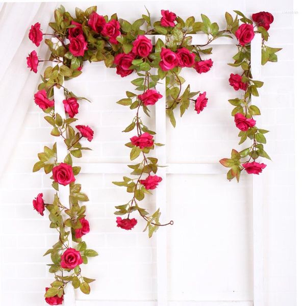 Fiori decorativi 2.2m Seta Artificiale Rosa Vite appesa per la decorazione della parete Rattan Piante finte Foglie Ghirlanda Matrimonio romantico Decorazioni per la casa