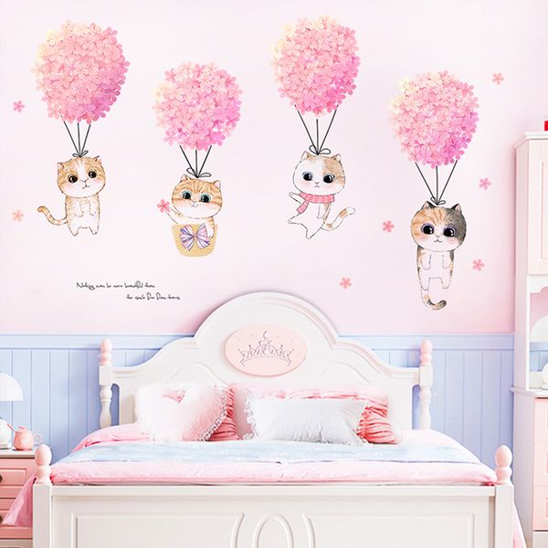 Ins Pink Flower Cute Cat Adesivi murali Ragazza Camera da letto Sfondo Decorazioni murali Decorazioni per la casa Decorazioni Adesivo autoadesivo per camera dei bambini