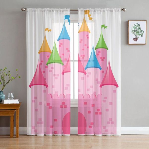 Tenda Cartoon Pink Castle Flag Edificio geometrico Tulle Tende trasparenti per soggiorno Camera da letto Decorazione Voile Organza