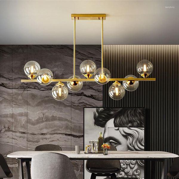 Lampadari a LED Art Lampadario Pendnat Lampada moderna in rame di lusso Isola della cucina Sfera di vetro cognac Illuminazione Apparecchi a sospensione Sala da pranzo