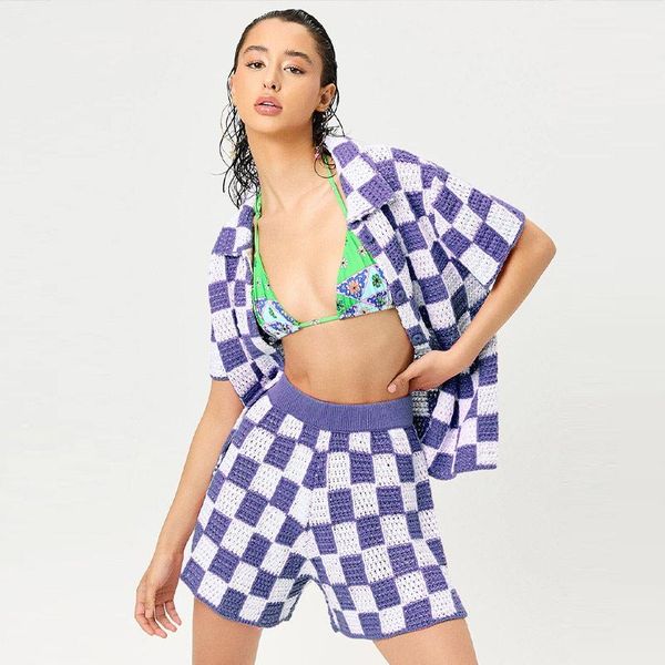 Elbise 2022 Yaz Yeni Kadın Takımı İki Parça Set Kısa Kollu Örme Satranç Izgara Bir Ekim Gömleği Tıraşır Plaj Moda Kadın Giysileri