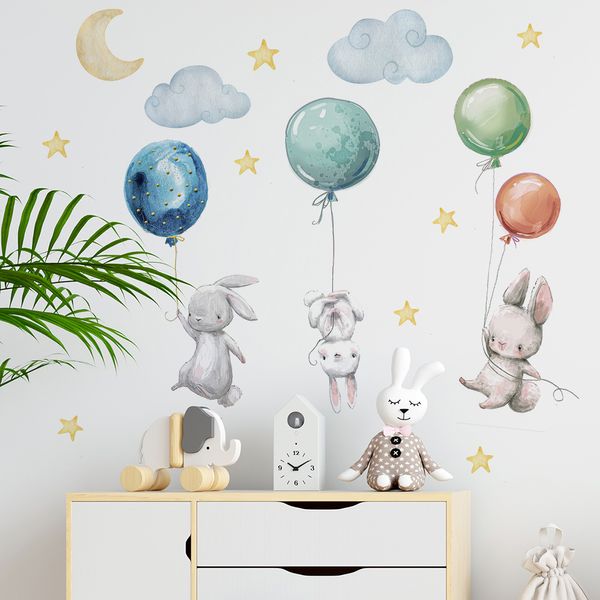 Adesivos de parede fofos e adoráveis coelhos voadores balões lua estrela nuvem decalque removível para crianças berçário decoração do quarto do bebê poster mural