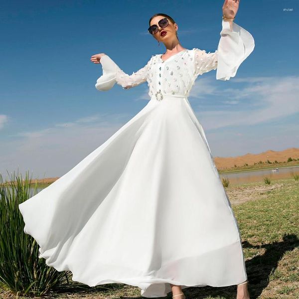 Vestidos casuais Robe Manga comprida Vestido liso branco com relevo bordado verão muçulmana kaftan marroquino