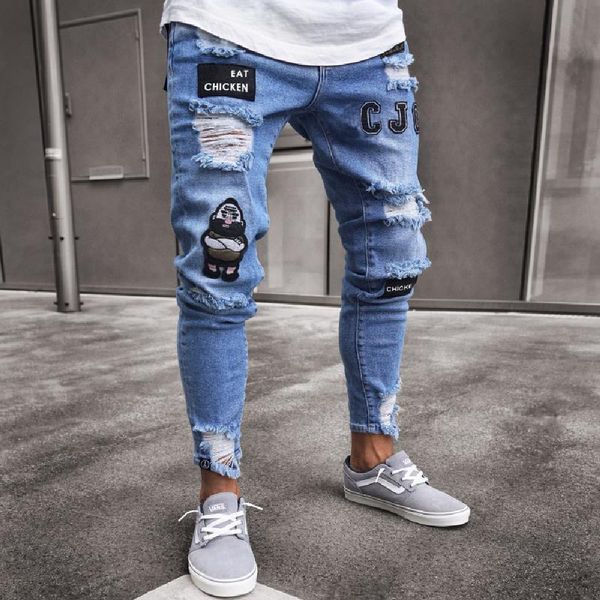 Erkek kot pantolon moda bölünmüş sıkı düz çizgili denim pantolon yaz delinmiş taytlar gündelik sokak kıyafetleri 230607