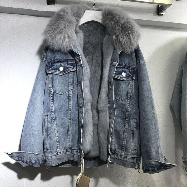 Giacche da donna Collo in pelliccia Giacca di jeans Donna Addensare Cappotti invernali caldi Imbottito in cotone Fodera staccabile Jean Parka