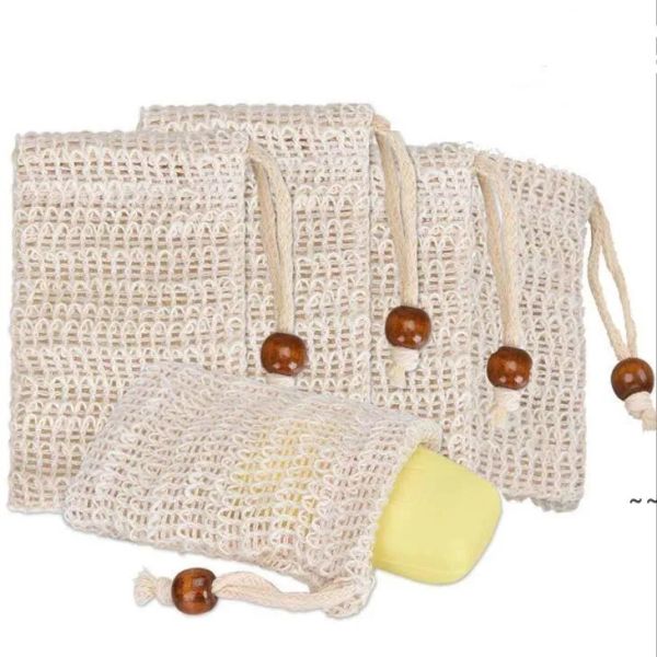 Sacos esfoliantes de sabão Mina de sabão ramie natural com cordão para espuma e secar o sabão JN08