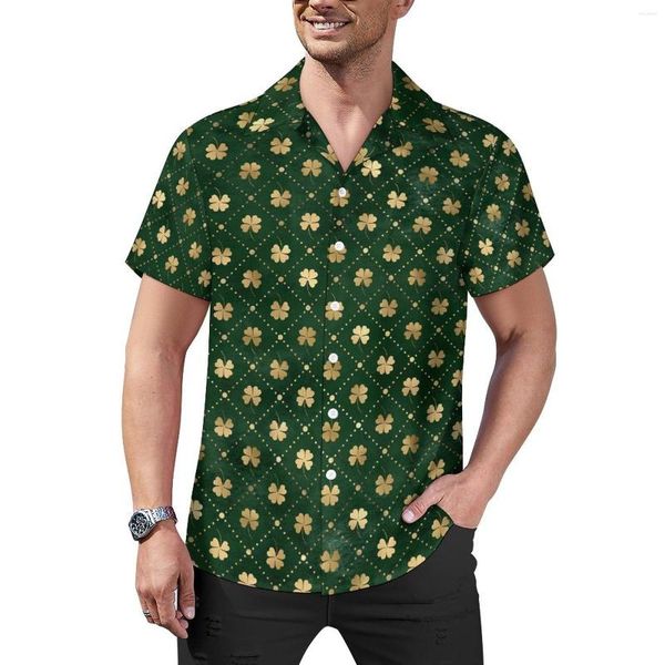 Мужские повседневные рубашки золотой рубашка с печатью Shamrock ST Patricks Day Beach Loak Hawaiian Retro Blouses с коротким рукавом.