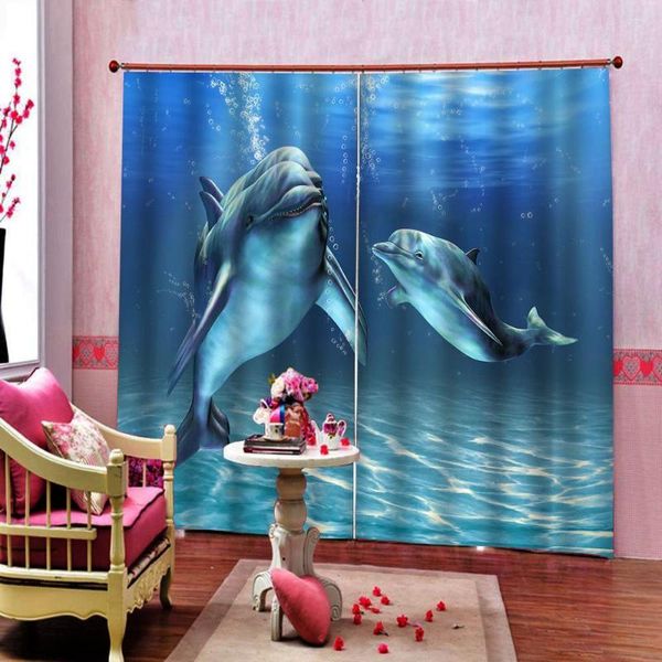 Cortina fundo do mar golfinho soprando bolhas estampado quarto infantil cortinas de janela blackout personalizáveis de qualquer tamanho