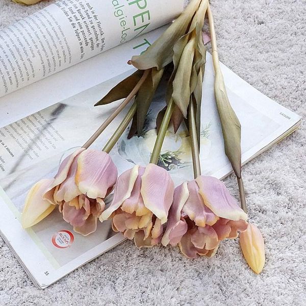 Flores decorativas 5 pçs/buquê flor artificial silicone tulipa estilo barroco real toque planta falsa para decoração de casamento decoração de casa garen