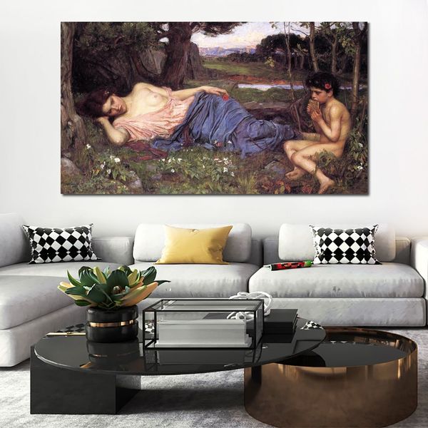 Leinwandkunst „Listening to My Sweet Piping“ von John William Waterhouse, handgefertigtes realistisches klassisches Kunstwerk, Café-Bar-Dekoration