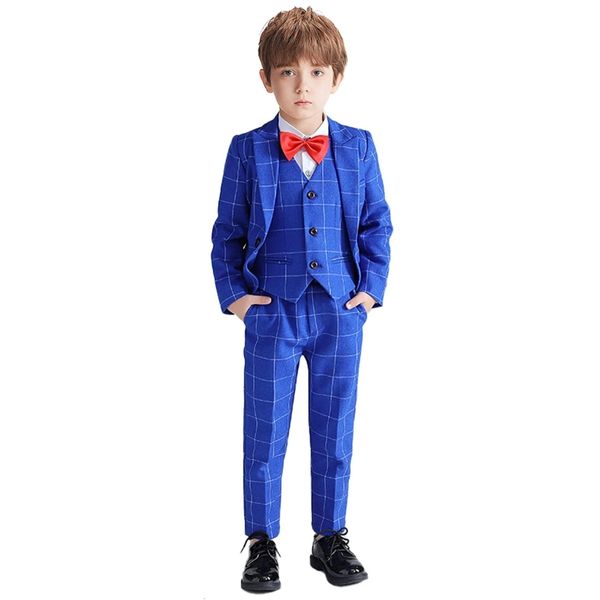 Suits Boys 4 Parça Resmi Ekose İnce Fit Ceket Yelek Pantolonları Boya Kravat Kids Smokin Düğün Partisi Durumları için 230608