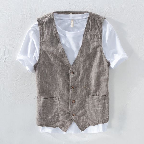 Abiti da uomo Blazer Abito da uomo vintage in lino Gilet Materiale sottile 55 lino 45 cotone Gilet sottile a righe casual da uomo Taglia asiatico M 3XL 230609