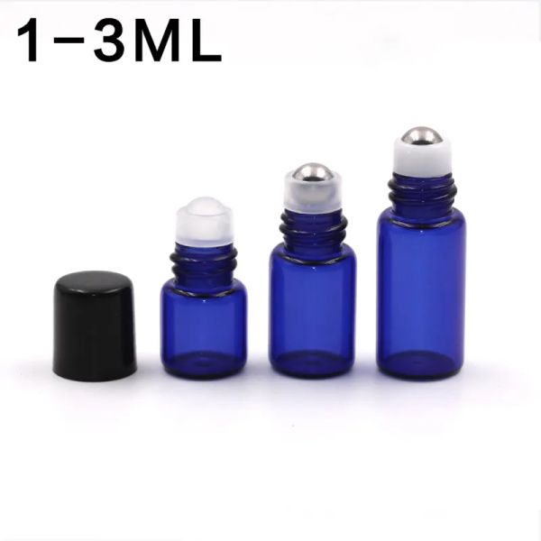 1ml 2ml 3ml vidro azul cobalto micro mini rolo em garrafas de vidro com bolas de rolo de metal para perfume de fragrância