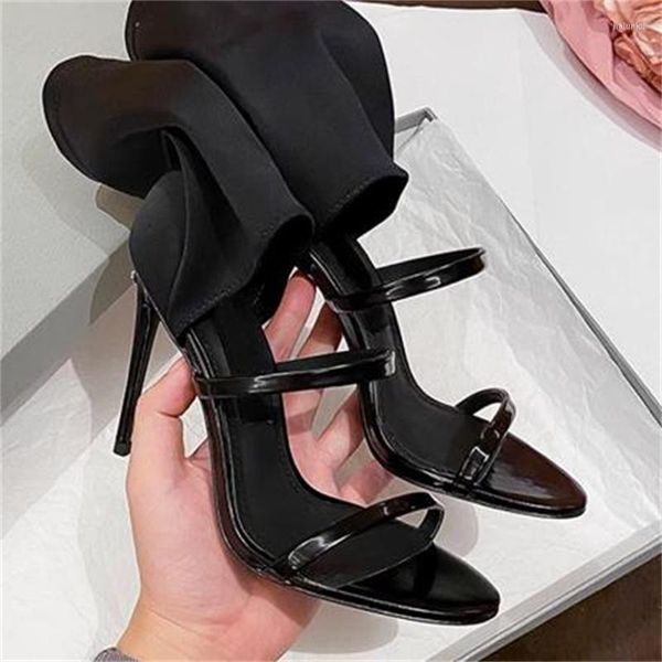 Sandali Maniche Scarpe Per Le Signore Balck Sottili Tacchi Alti Punta Rotonda Pelle Verniciata delle Donne Solido Zapatos De Mujer Cintura Sandalias