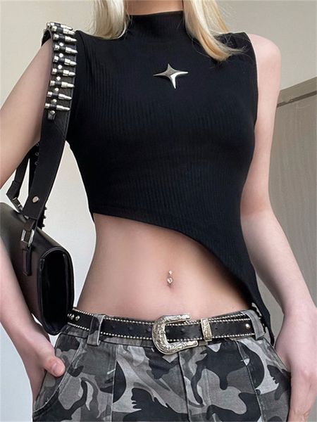 Tanks feminino Camis QWEEK Cyber Y2K Goth Black Tank Tops Women Streetwear Sexy Punk Assimétrico Crop Top Harajuku Egirl Metal Star Colete Sem Mangas 230608