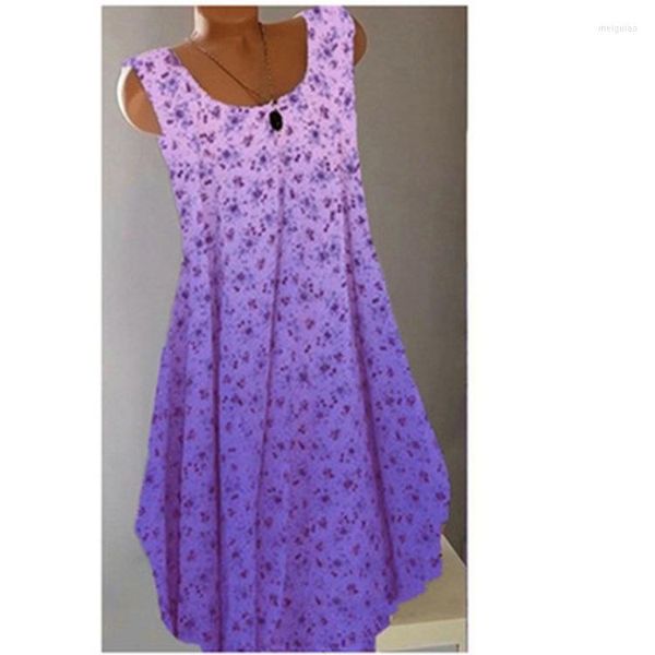 Vestidos casuais femininos camiseta de verão com estampa de flores sem mangas solto minivestido 5xl 6xl roxo/amarelo/azul/verde vestido de verão