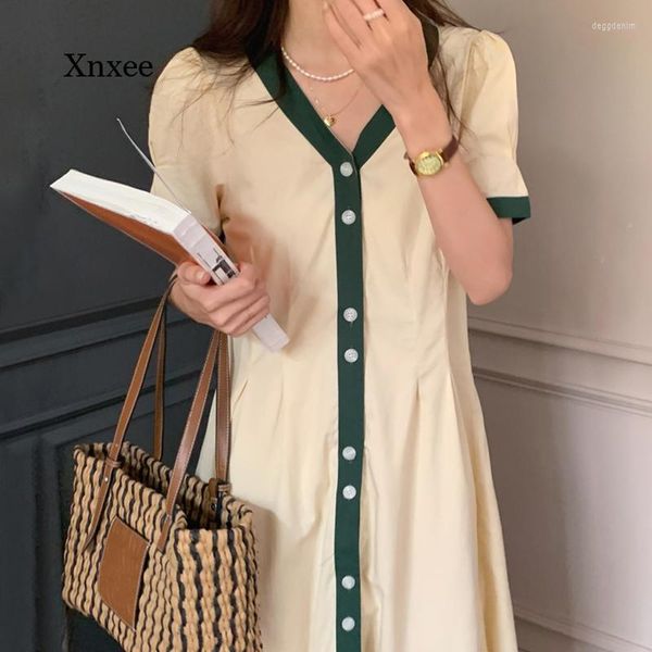 Party Kleider Frauen V-ausschnitt Kleid 2023 Sommer Koreanische Sanfte Temperament Kontrast Farbe Kanten Einreiher Plissee Taille Robe Vestidos