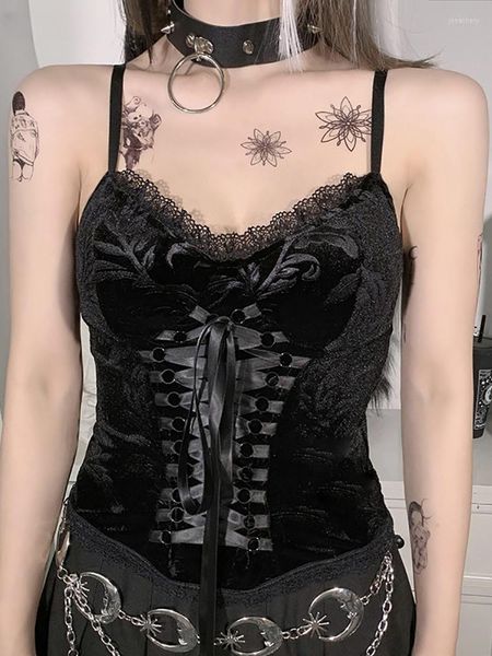 Serbatoi da donna Vintage Mall Gothic Velvet Women Camis Grunge E-girl Style Skinny Black Crop Top Bandage Lace Trim Alt Abbigliamento Autunno