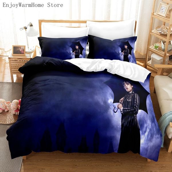 Yatak setleri TV dizisi Çarşamba Addams Fam Seti Twin Çift Karikatür Kız Nevresim Kapak ve Yastık Kılıfı Çocuk Polyester Yatak Setleri 230609