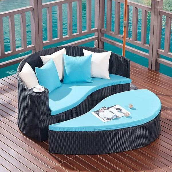 Mobília de acampamento Nordic Outdoor Luxury Reclining Bed Rattan Chair Courtyard Recliner Villa Piscina Storage Bea